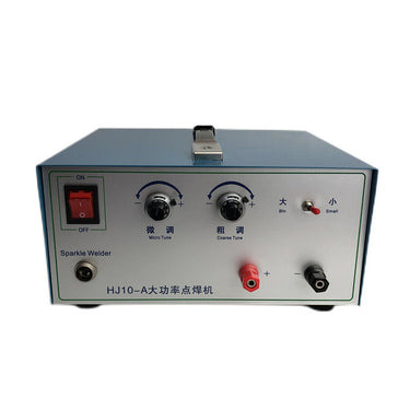 Front panel of 80A sparkle welder showing coarse and micro tune current dials, power switch, and jacks.