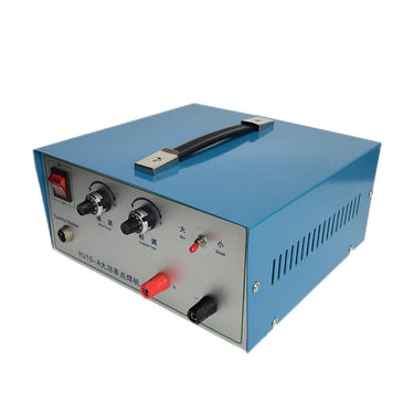 Side perspective of 80A high-power pulse sparkle spot welder showing ventilation slots and top handle.