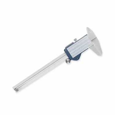 Back view of A&D digital caliper showing the integrated metric-to-inch conversion reference table.