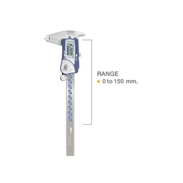 Diagram showing the 0 to 150 mm measuring range of the A&D AD-5764A-150 digital caliper.
