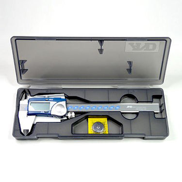 A&D digital caliper set in a protective hard carrying case with an included spare battery.