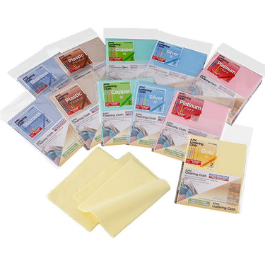 Various Alfa Mirage AMC Lustering Cloths for Gold, Silver, Copper, Platinum, Stainless, and Plastic.