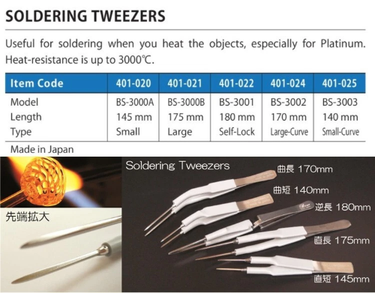 Specification table and tip details for Alfa Mirage BISO heat-resistant platinum soldering tweezers.