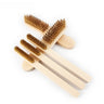An assortment of straight and curved handle Alfa Mirage brass wire scratch brushes stacked on a white background.