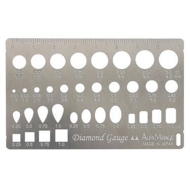 Flat front view of the stainless steel AMC Diamond Gauge showing various gem cut shapes.
