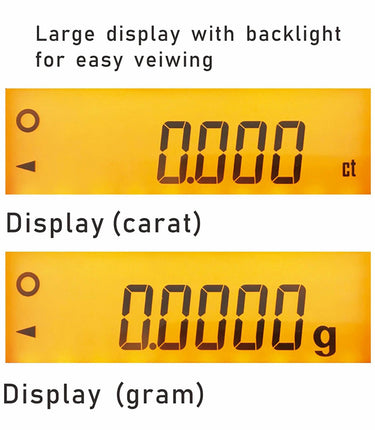 Dual display modes of MR-260C showing carat and gram units with amber backlight.