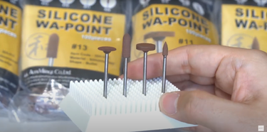 Side view of various Alfa Mirage Silicone WA-Points highlighting the different polishing head profiles.