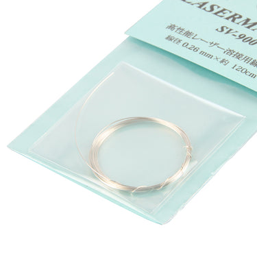 Close-up of the coiled 0.26mm silver laser master welding wire inside its protective plastic sleeve.