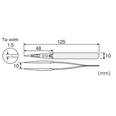 Technical dimension schematic of Alfa Mirage D-MASTER tweezers showing 125mm length and 1.5mm tip width.