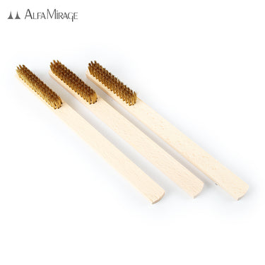 Three straight wooden handle brass wire brushes arranged side by side under the Alfa Mirage brand logo.