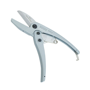 Open position of SX5 soft material cutter showing the wire leaf spring and handle lock.