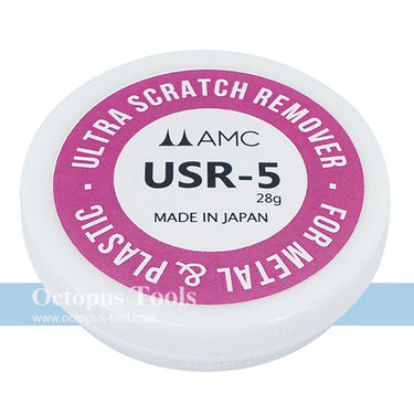 Close-up of the AMC USR-5 Ultra Scratch Remover container lid with pink branding.