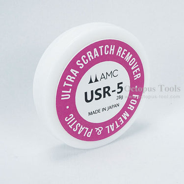 Angled shot of the AMC USR-5 28g scratch remover jar made in Japan.
