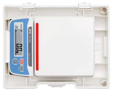 Top-down view of the A&D HT-500 electronic bench scale resting safely inside its white protective plastic base.