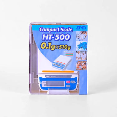 A&D HT-500 precision scale packed inside its clear hard plastic retail storage and carrying case with labels.