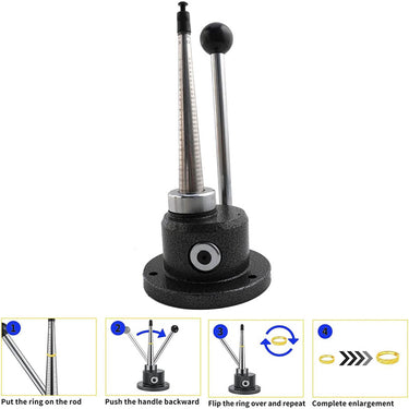 Four-step operation chart showing how to mount, expand, and resize wedding bands on ring stretcher.