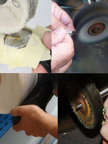 Collage showing Biso compound being used to polish watches and jewelry with a buffing wheel.