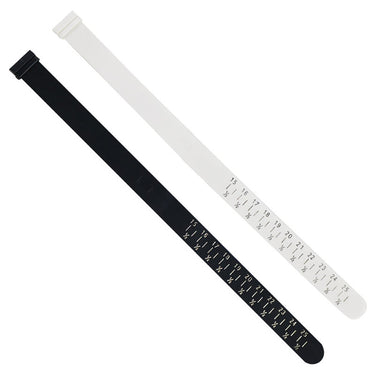 Flat lay view of a black and a white plastic bangle sizer belt showing measurement scales from 15 to 25.