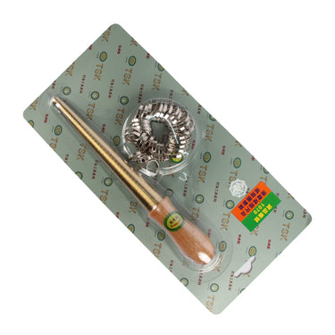 Top-down diagonal perspective of the packaged TSK brass ring stick and sizing ring set.