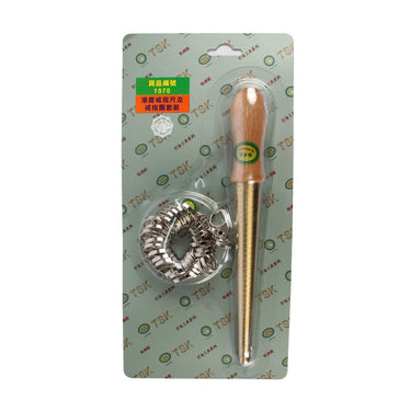 Vertical retail card packaging showing the TSK brass ring measuring stick with a wooden handle and ring sizer loops.