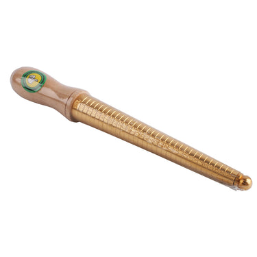 Angled view of a brass ring mandrel stick with a wooden handle resting on a white background.