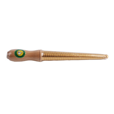 Horizontal view of a brass jewelry measuring stick with a wooden handle, wrapped in clear plastic.