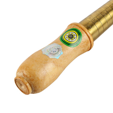 Reverse side view of the brass ring measuring stick with an ergonomic wooden handle.
