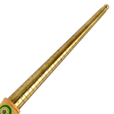 Flat overhead view of the brass ring sizing stick with a polished wooden handle and US scale.