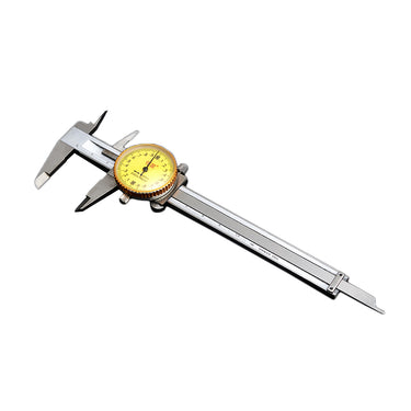 A precision dial caliper shown from a top angle with both measurement jaws and depth rod extended.
