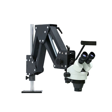 Angled perspective of stereo zoom microscope system on heavy-duty articulated spring stand.