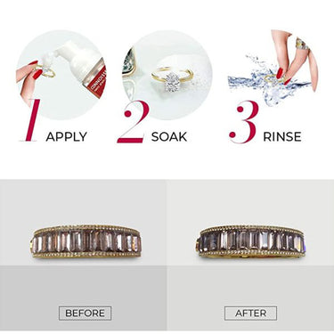 3-step guide: apply foam, soak jewelry, and rinse with before and after cleaning results.
