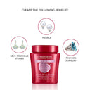 Infographic showing the Delicate Jewelry Cleaner is safe for pearls, emeralds, and emerald-cut stones.