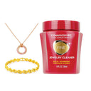 Connoisseurs Fine Jewelry Cleaner for gold and diamonds shown with a gold necklace and bracelet.