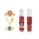 Connoisseurs jewelry cleansing foam bottles shown with gold rings and necklaces.