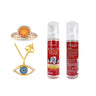 Connoisseurs jewelry cleansing foam bottles shown with gold rings and necklaces.