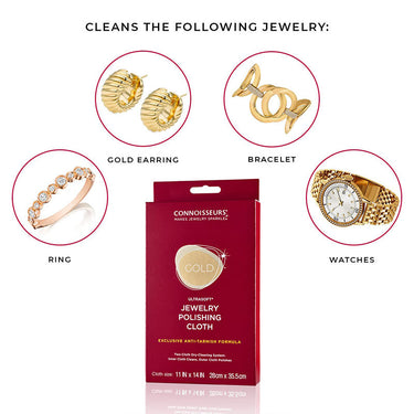 Guide showing Connoisseurs cloth cleans gold earrings, bracelets, rings, and watches.