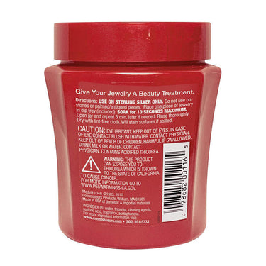 Back of Connoisseurs Silver Jewelry Cleaner jar showing 10-second soak directions and safety warnings.