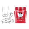 Connoisseurs Silver Jewelry Cleaner jar shown with a silver infinity necklace, ring, and patterned bangles.