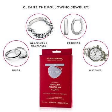 Infographic showing Connoisseurs Silver Polishing Cloth is suitable for rings, earrings, watches, and necklaces.