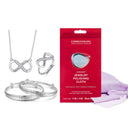 Connoisseurs Silver Polishing Cloth displayed with a silver necklace, ring, and bangles to show versatility.