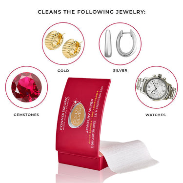 Infographic showing Connoisseurs wipes clean gold, silver, gemstones, and watches.