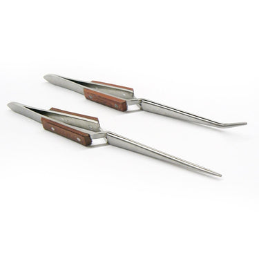 Isometric perspective of straight and curved cross locking soldering tweezers with insulated grips.