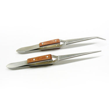 Angled view of reverse action straight and curved tip soldering tweezers with wooden fiber grips.