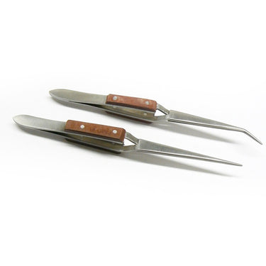 Side profile of self-closing straight and bent cross locking tweezers for jewelry soldering.