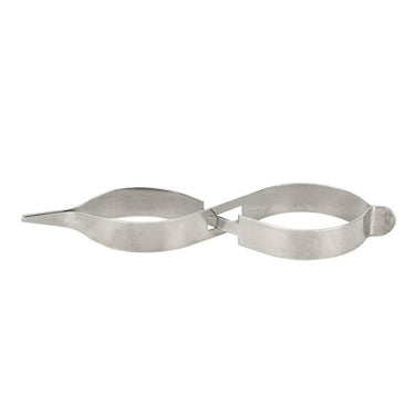 Horizontal flat profile of self-closing spring steel cross locking tweezer clamp on white background.