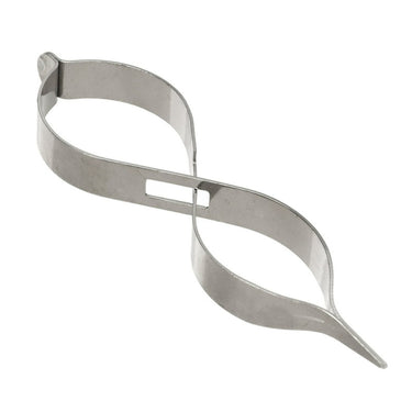 Top-down view of wide strip metal cross locking tweezer showing interlocking spring slot.