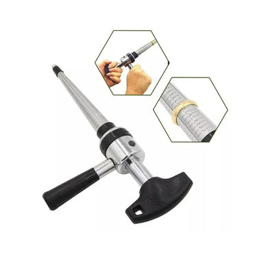 Handheld deluxe ring stretcher and enlarger tool shown with insets demonstrating sizing operation.