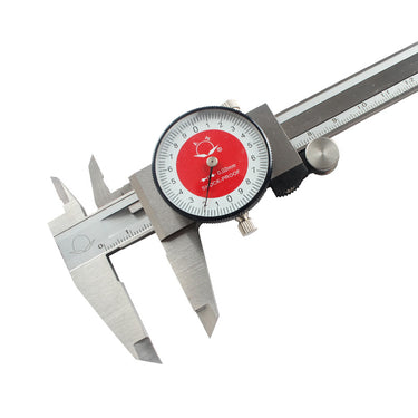 Close-up view of the red 0.02mm shockproof indicator face and metric beam of a dial caliper tool.