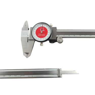 Detailed split view showing the measuring jaws, red indicator dial, and metric scale markings of a dial caliper.