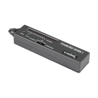 Angled overhead shot of the grey handheld diamond tester device with UV light feature.